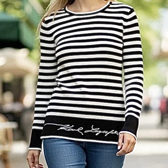 Karl Lagerfeld Sweaters - Karl Lagerfeld Paris Women’s Sweater Black & White Striped Ribbed Logo Top Sz S